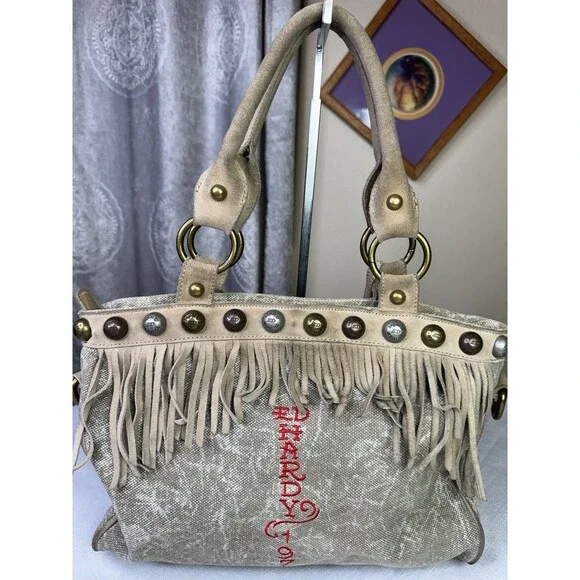 Ed Hardy Fringe Studded Purse Suede Leather Canvas Embroidered Boho Western - Picture 2 of 16